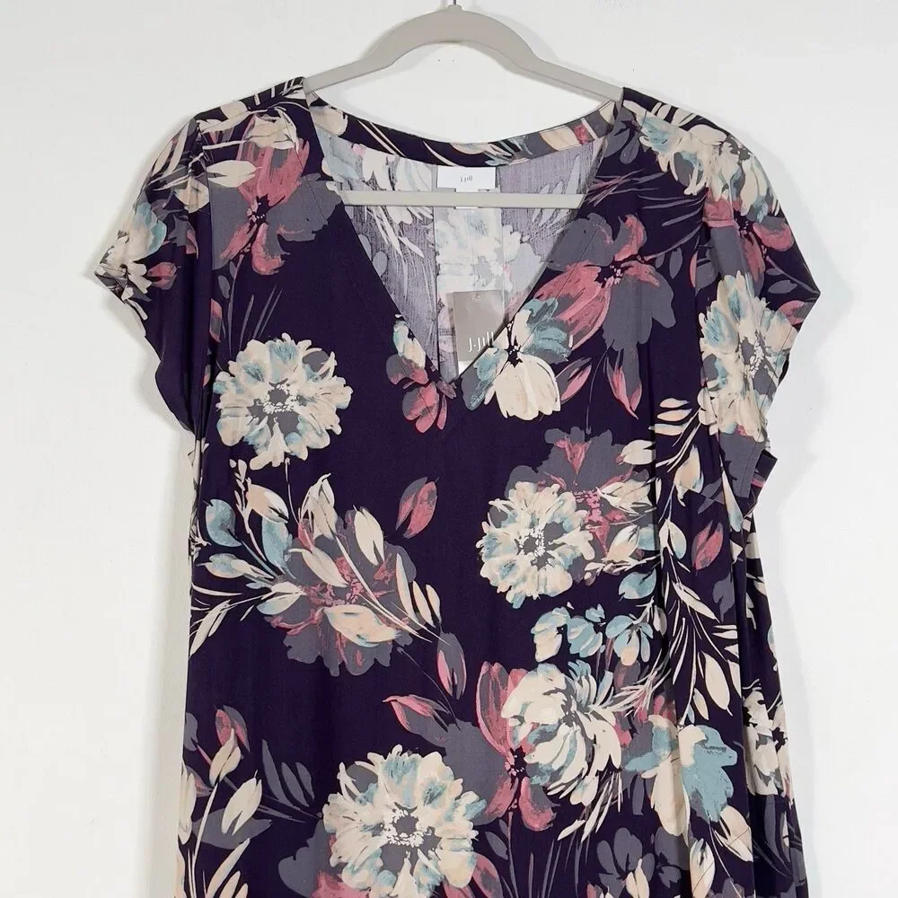 J Jill Vista Midi Dress Sz L Black Cherry Floral V-Neck Short Sleeve Pockets - Picture 2 of 10